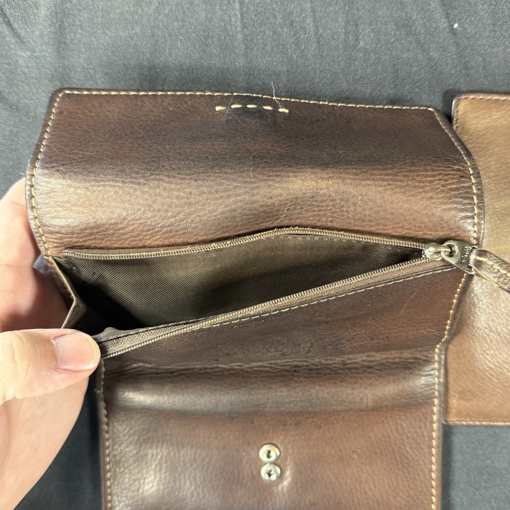 Fossil Trifold Wallet Snap Closure Organizer Brown‎ Leather Zippered Pocket - Picture 7 of 7
